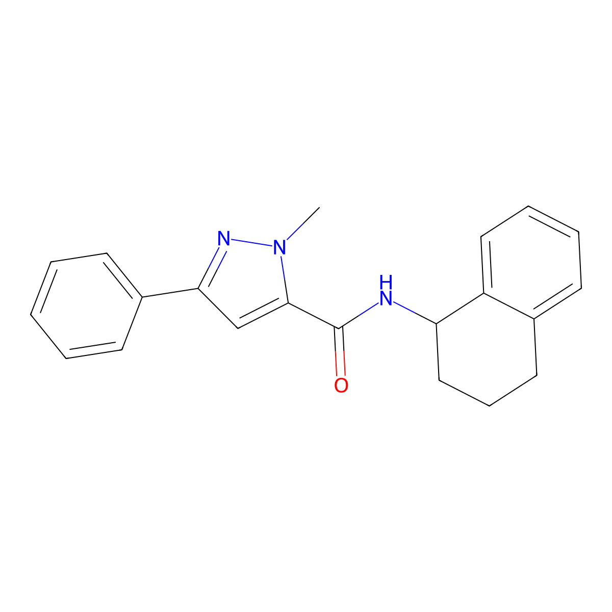 1-methyl-3-phenyl-N-(1,2,3,4-tetrahydronaphthalen-1-yl)-1H-pyrazole-5-carboxamide molecular structure, CAS 1206987-90-7