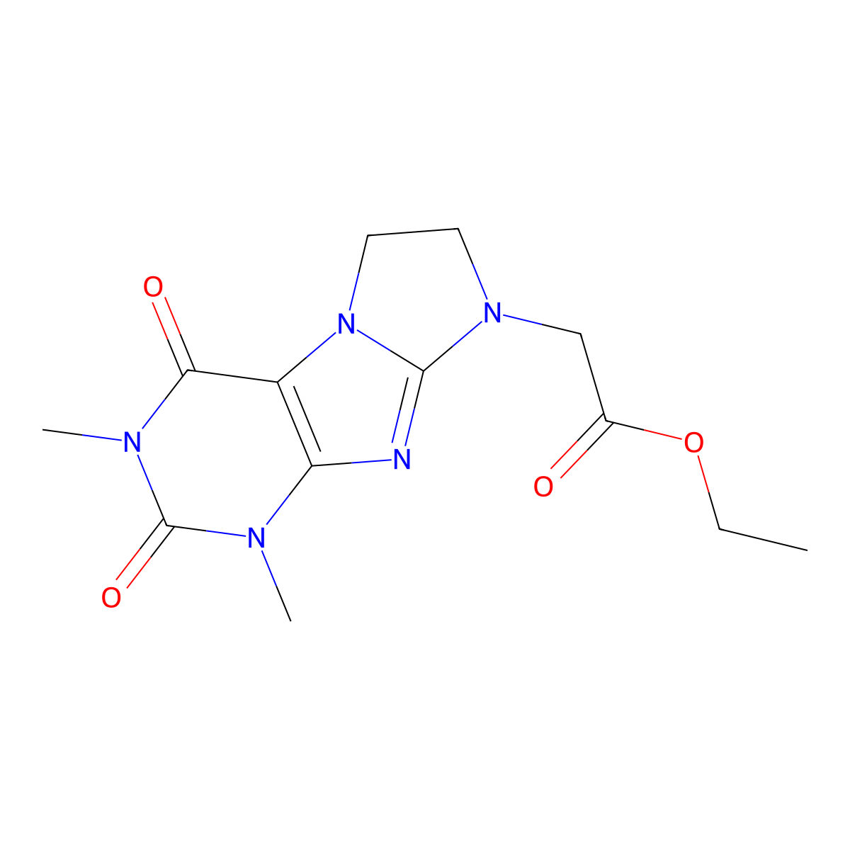Ethyl 2-(1,3-dimethyl-2,4-dioxo-1,3,5-trihydroimidazolidino[1,2-h]purin-8-yl)a cetate molecular structure, CAS 1206987-95-2
