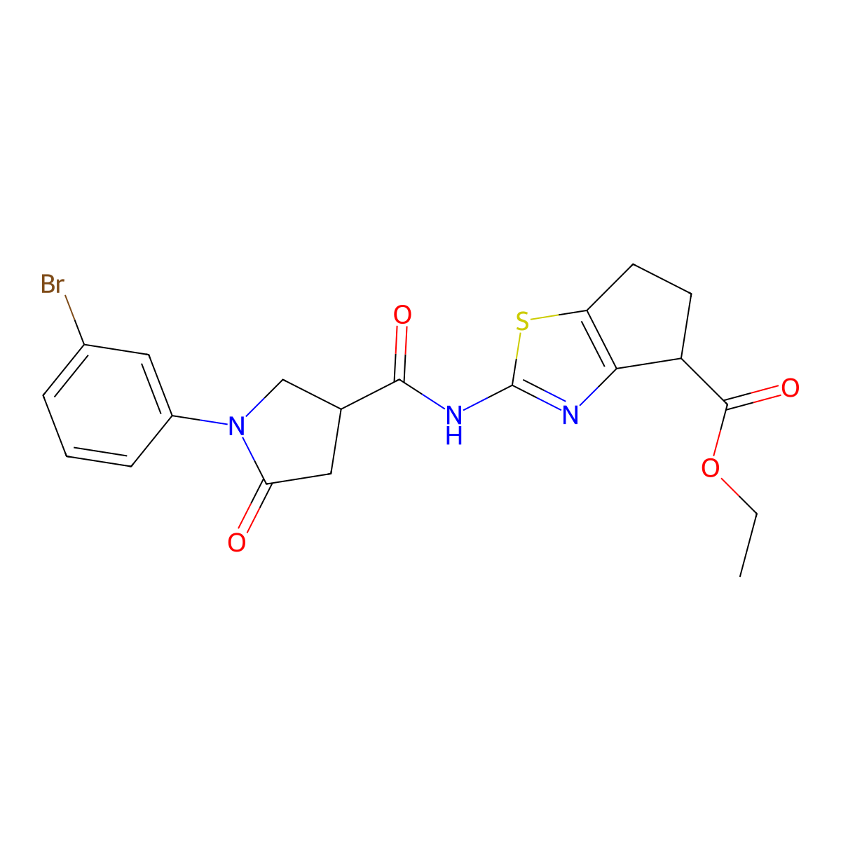 ethyl 2-(1-(3-bromophenyl)-5-oxopyrrolidine-3-carboxamido)-5,6-dihydro-4H-cyclopenta[d]thiazole-4-carboxylate molecular structure, CAS 1206987-96-3