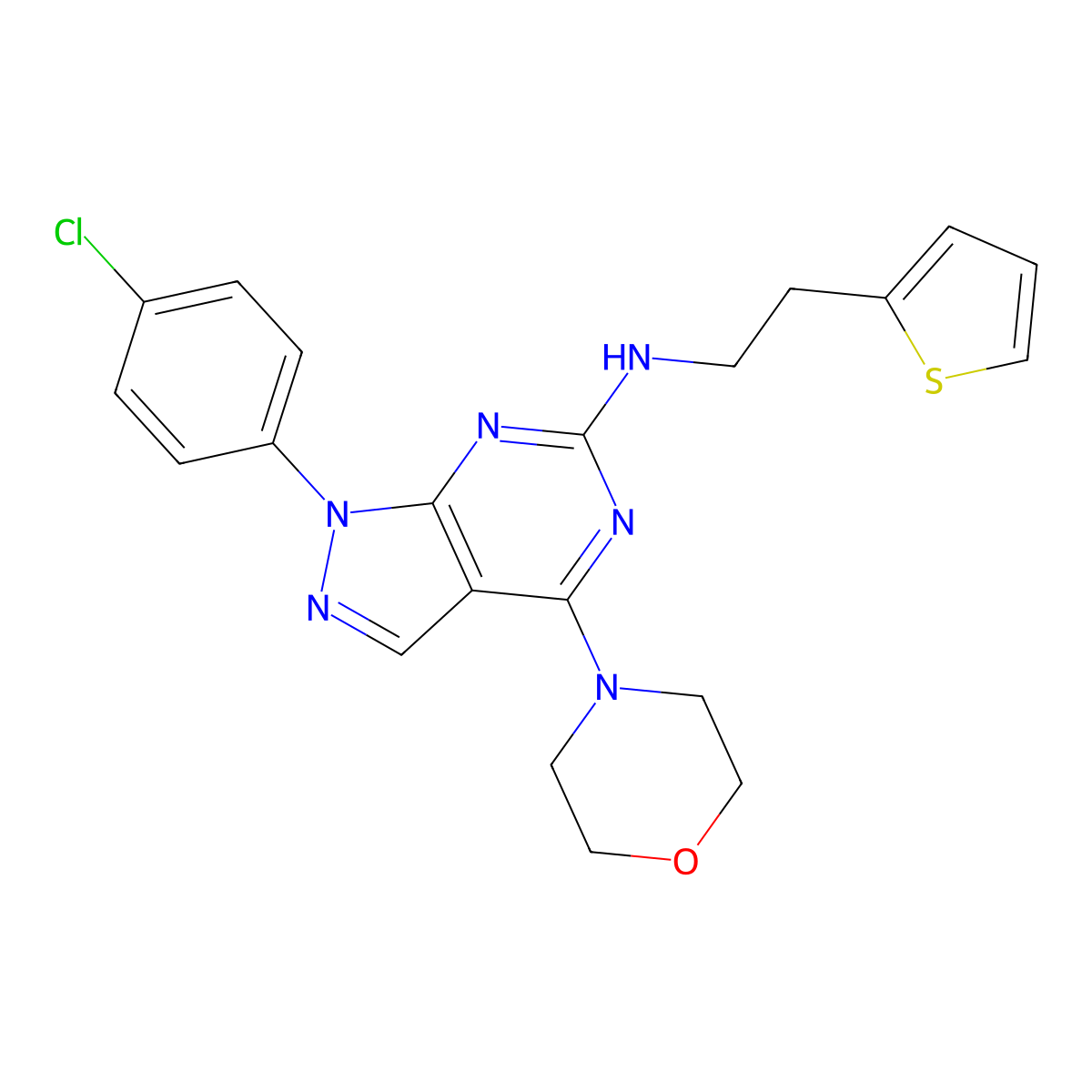 1-(4-chlorophenyl)-4-morpholino-N-(2-(thiophen-2-yl)ethyl)-1H-pyrazolo[3,4-d]pyrimidin-6-amine molecular structure, CAS 1206988-02-4