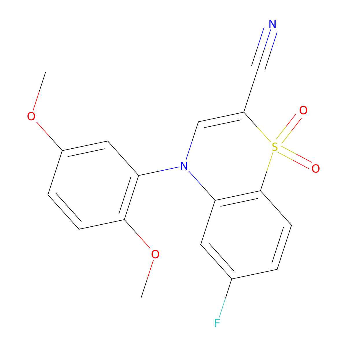4-(2,5-dimethoxyphenyl)-6-fluoro-4H-benzo[b][1,4]thiazine-2-carbonitrile 1,1-dioxide molecular structure, CAS 1206988-07-9