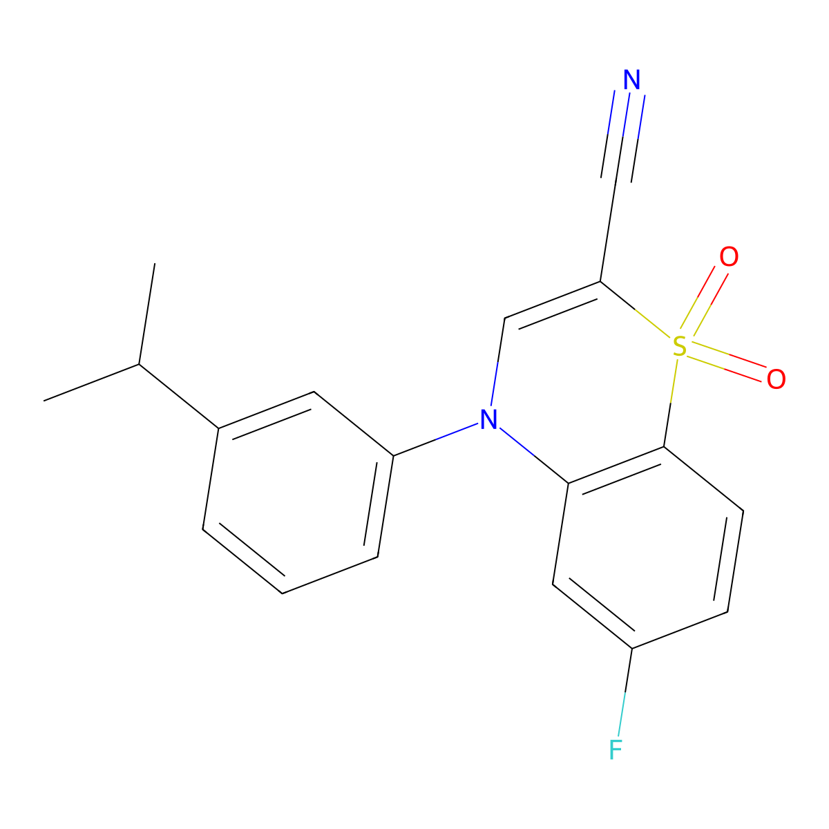 6-fluoro-4-(3-isopropylphenyl)-4H-benzo[b][1,4]thiazine-2-carbonitrile 1,1-dioxide molecular structure, CAS 1206988-12-6