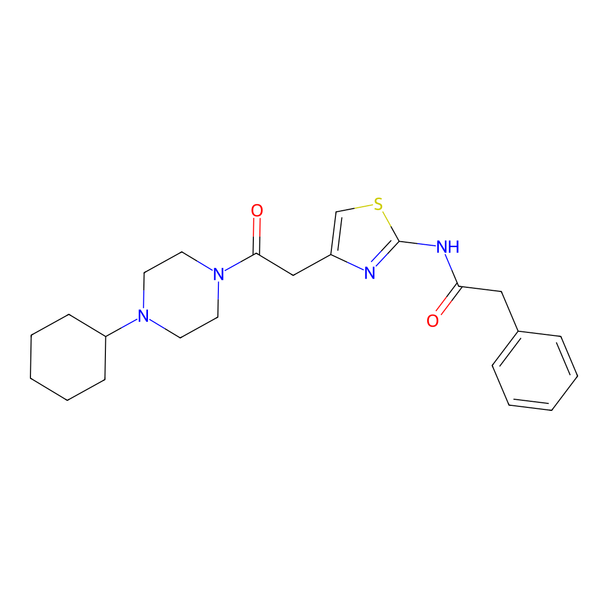 N-(4-(2-(4-cyclohexylpiperazin-1-yl)-2-oxoethyl)thiazol-2-yl)-2-phenylacetamide molecular structure, CAS 1206988-21-7