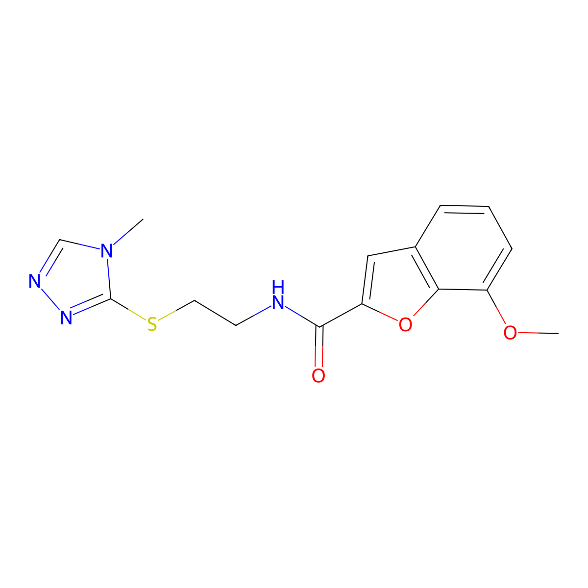7-methoxy-N-(2-((4-methyl-4H-1,2,4-triazol-3-yl)thio)ethyl)benzofuran-2-carboxamide molecular structure, CAS 1206988-45-5