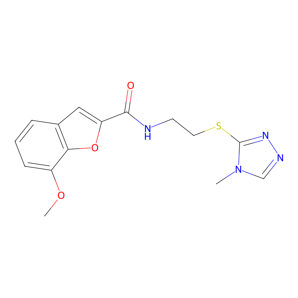 7-methoxy-N-(2-((4-methyl-4H-1,2,4-triazol-3-yl)thio)ethyl)benzofuran-2-carboxamide molecular structure, CAS 1206988-45-5