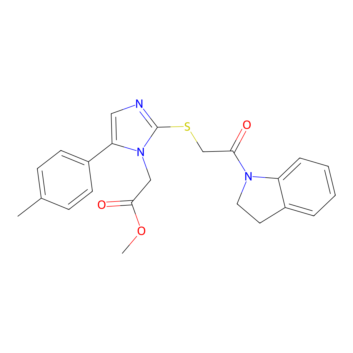 methyl 2-(2-((2-(indolin-1-yl)-2-oxoethyl)thio)-5-(p-tolyl)-1H-imidazol-1-yl)acetate molecular structure, CAS 1206988-62-6
