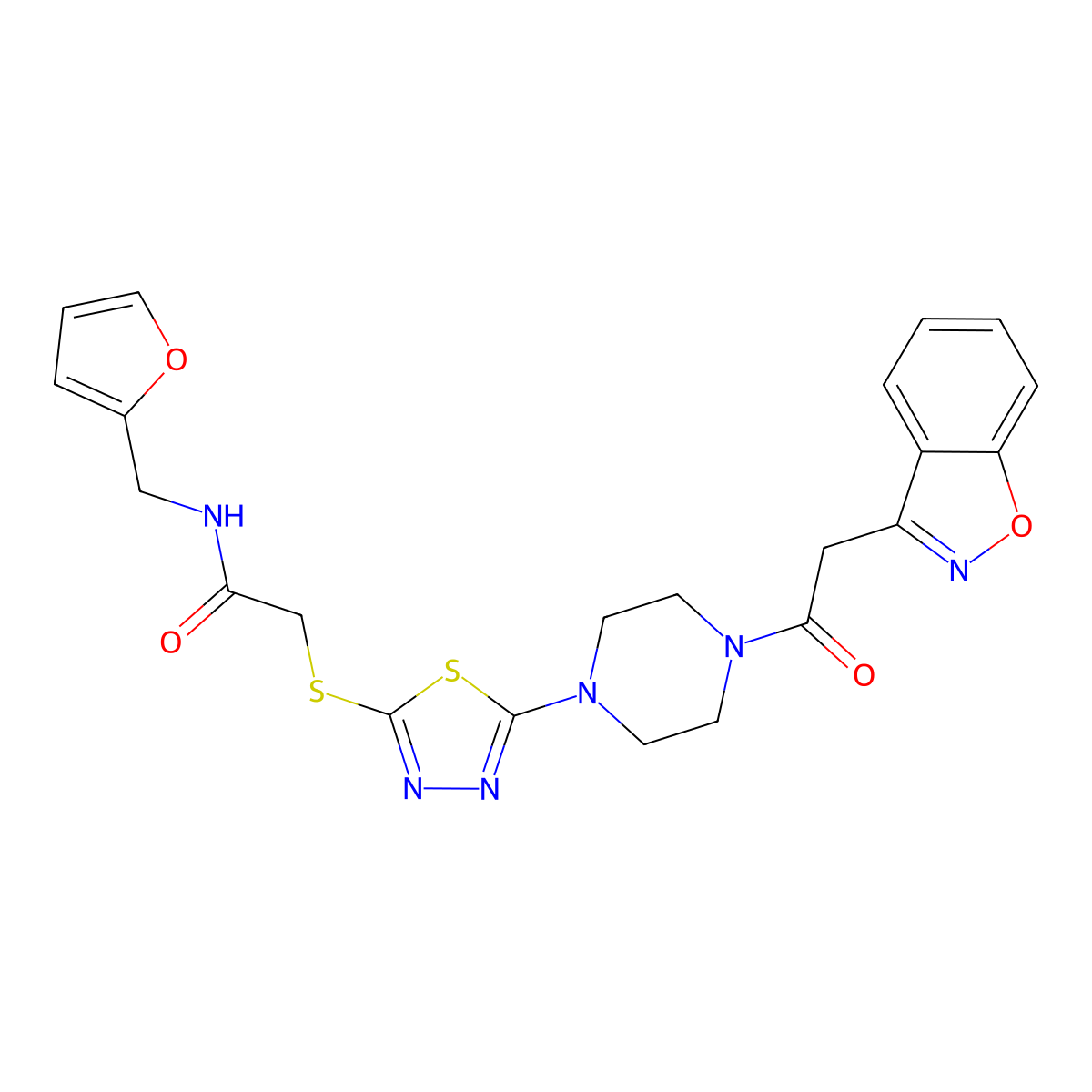 2-((5-(4-(2-(benzo[d]isoxazol-3-yl)acetyl)piperazin-1-yl)-1,3,4-thiadiazol-2-yl)thio)-N-(furan-2-ylmethyl)acetamide molecular structure, CAS 1206988-95-5