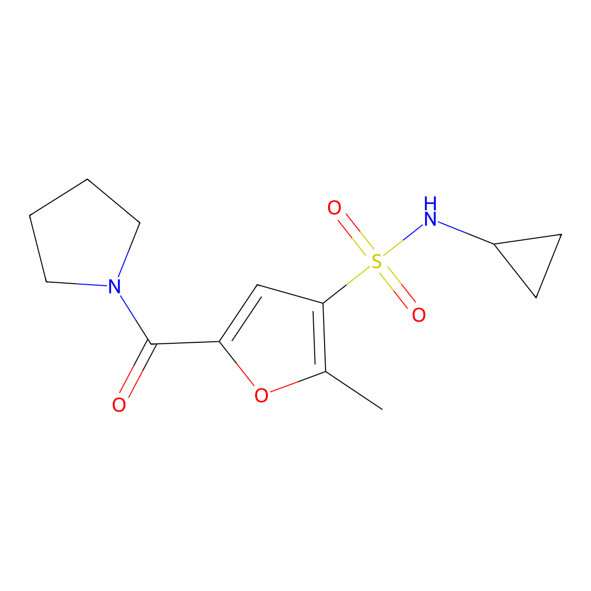 N-cyclopropyl-2-methyl-5-(pyrrolidine-1-carbonyl)furan-3-sulfonamide molecular structure, CAS 1206989-10-7