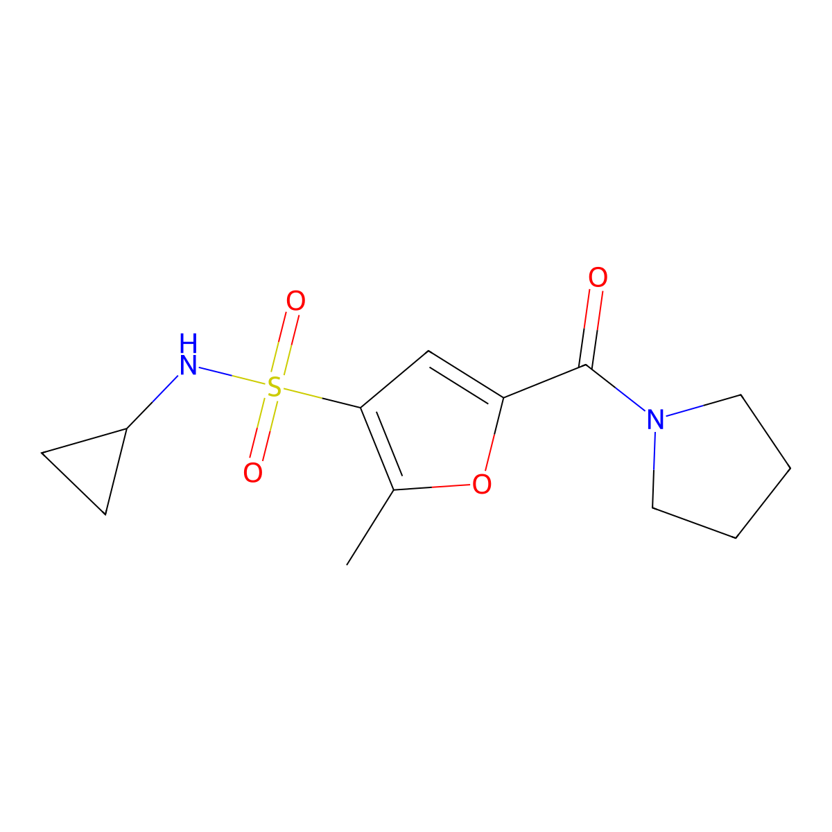 N-cyclopropyl-2-methyl-5-(pyrrolidine-1-carbonyl)furan-3-sulfonamide molecular structure, CAS 1206989-10-7