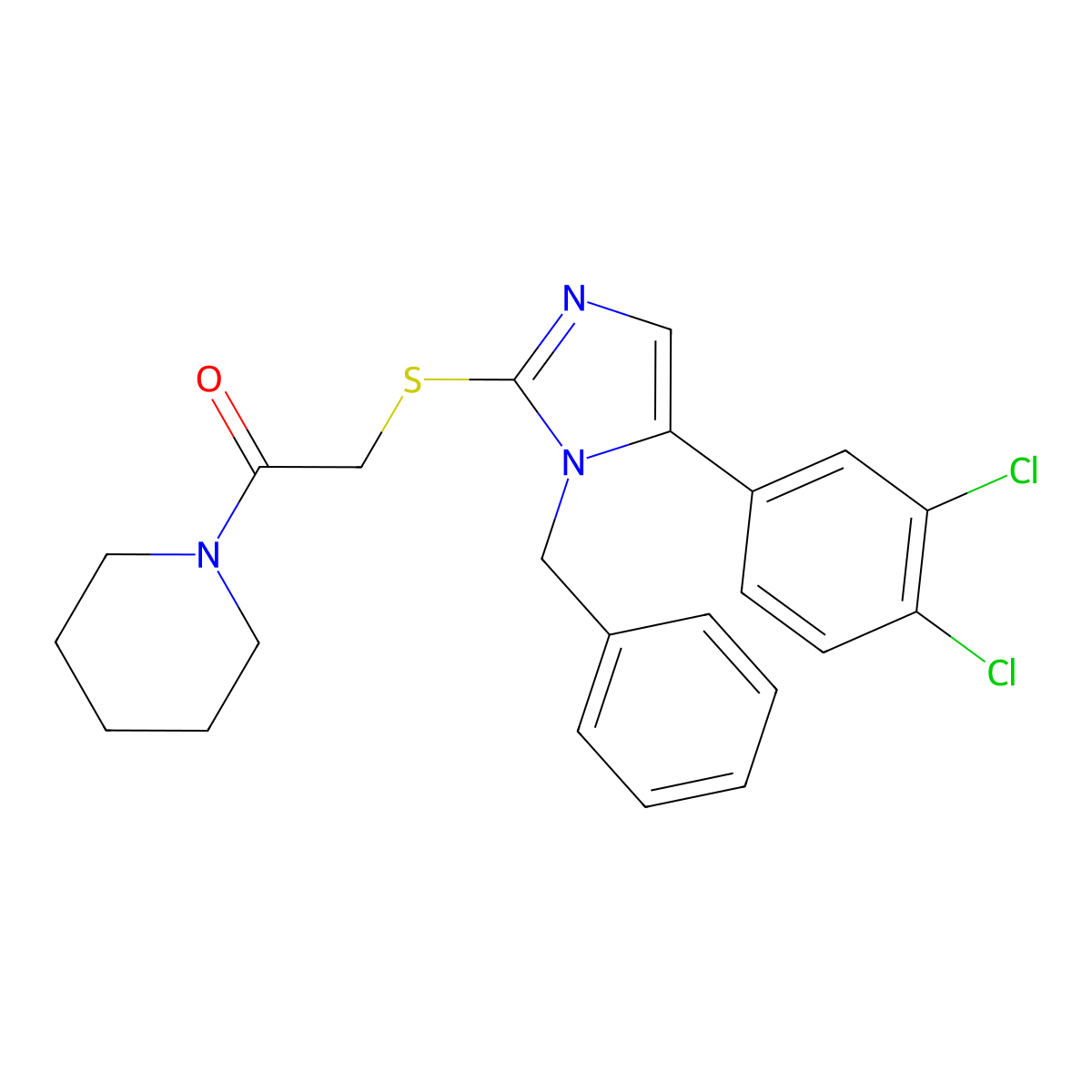 2-((1-benzyl-5-(3,4-dichlorophenyl)-1H-imidazol-2-yl)thio)-1-(piperidin-1-yl)ethanone molecular structure, CAS 1206989-38-9