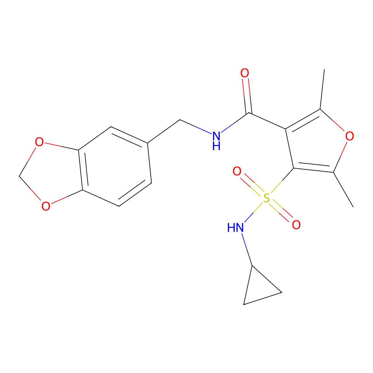 N-(benzo[d][1,3]dioxol-5-ylmethyl)-4-(N-cyclopropylsulfamoyl)-2,5-dimethylfuran-3-carboxamide molecular structure, CAS 1206989-41-4