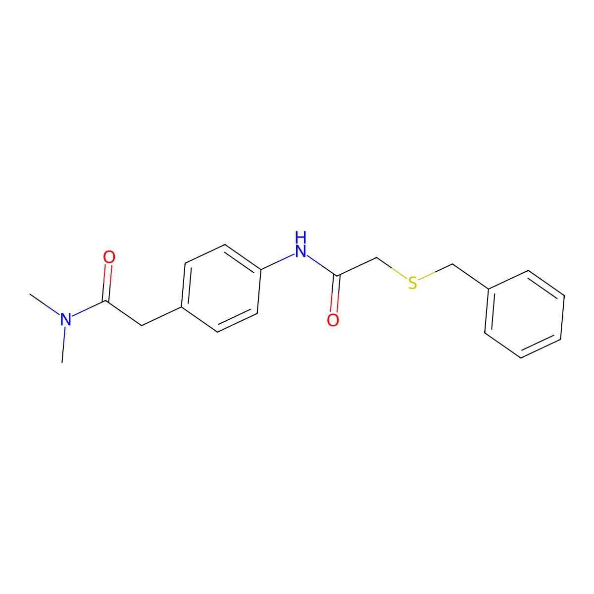 2-(4-(2-(benzylthio)acetamido)phenyl)-N,N-dimethylacetamide molecular structure, CAS 1206989-44-7
