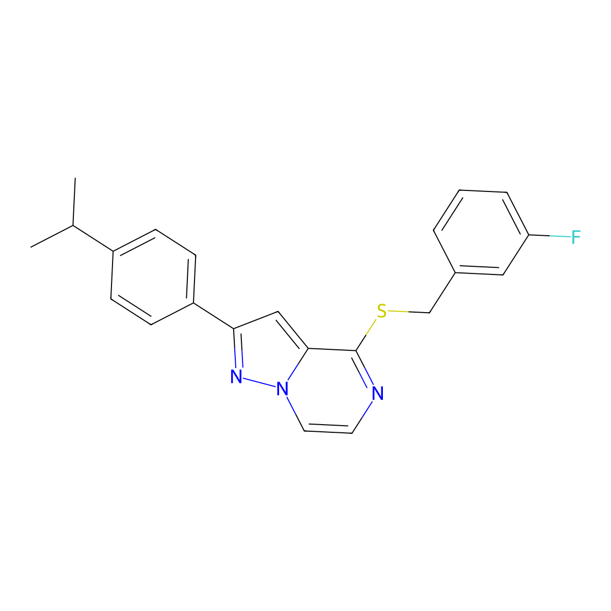 4-[(3-Fluorobenzyl)thio]-2-(4-isopropylphenyl)pyrazolo[1,5-a]pyrazine molecular structure, CAS 1206989-53-8