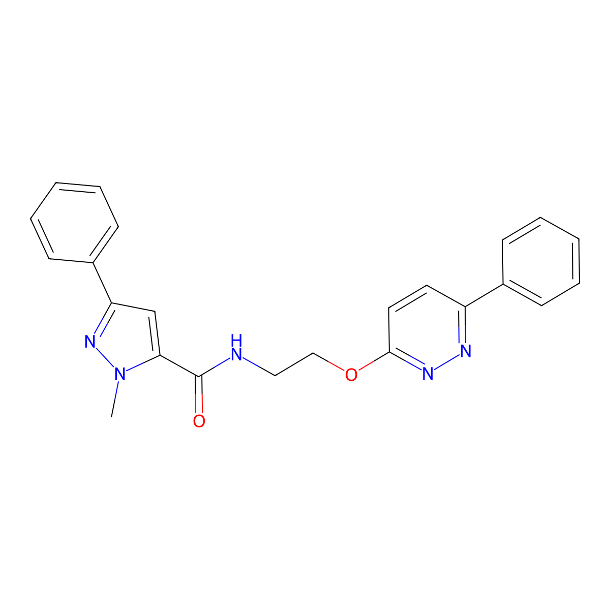 1-methyl-3-phenyl-N-{2-[(6-phenylpyridazin-3-yl)oxy]ethyl}-1H-pyrazole-5-carboxamide molecular structure, CAS 1206989-62-9