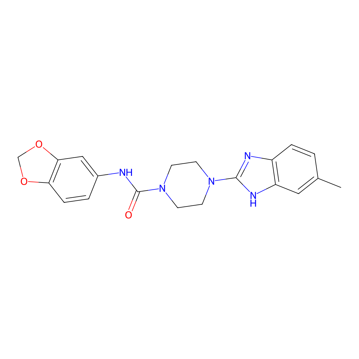 N-(benzo[d][1,3]dioxol-5-yl)-4-(5-methyl-1H-benzo[d]imidazol-2-yl)piperazine-1-carboxamide molecular structure, CAS 1206989-65-2