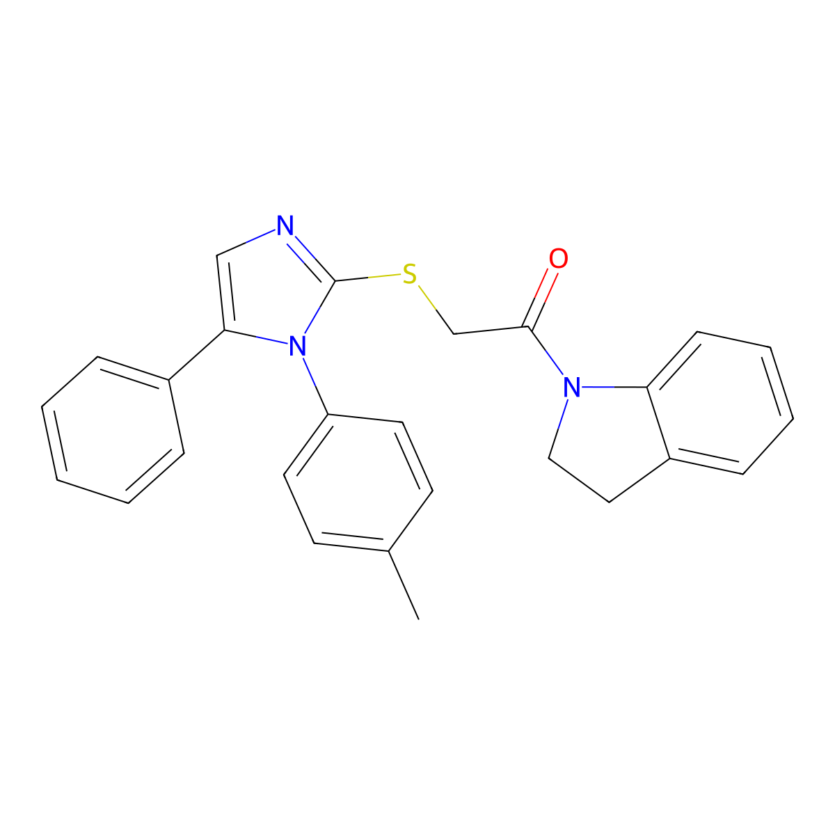 1-(indolin-1-yl)-2-((5-phenyl-1-(p-tolyl)-1H-imidazol-2-yl)thio)ethanone molecular structure, CAS 1206989-70-9