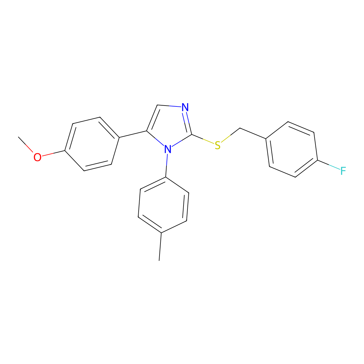 2-((4-fluorobenzyl)thio)-5-(4-methoxyphenyl)-1-(p-tolyl)-1H-imidazole molecular structure, CAS 1206990-20-6