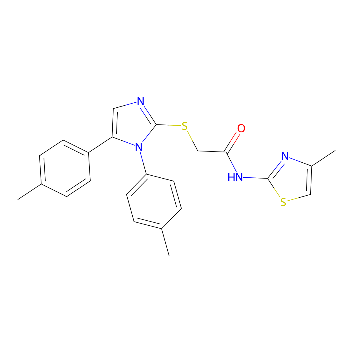 2-((1,5-di-p-tolyl-1H-imidazol-2-yl)thio)-N-(4-methylthiazol-2-yl)acetamide molecular structure, CAS 1206990-21-7