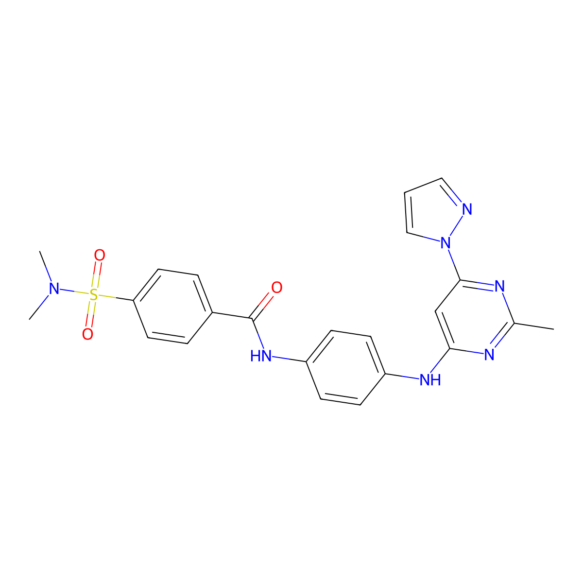 4-(N,N-dimethylsulfamoyl)-N-(4-((2-methyl-6-(1H-pyrazol-1-yl)pyrimidin-4-yl)amino)phenyl)benzamide molecular structure, CAS 1206990-32-0