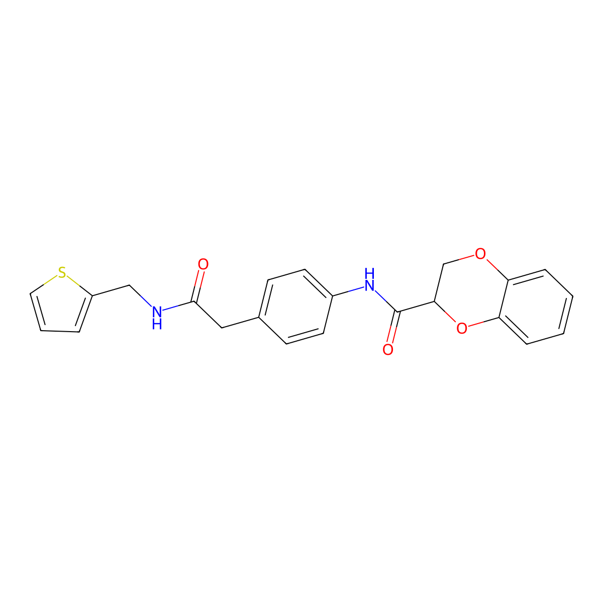 N-(4-(2-oxo-2-((thiophen-2-ylmethyl)amino)ethyl)phenyl)-2,3-dihydrobenzo[b][1,4]dioxine-2-carboxamide molecular structure, CAS 1206990-35-3