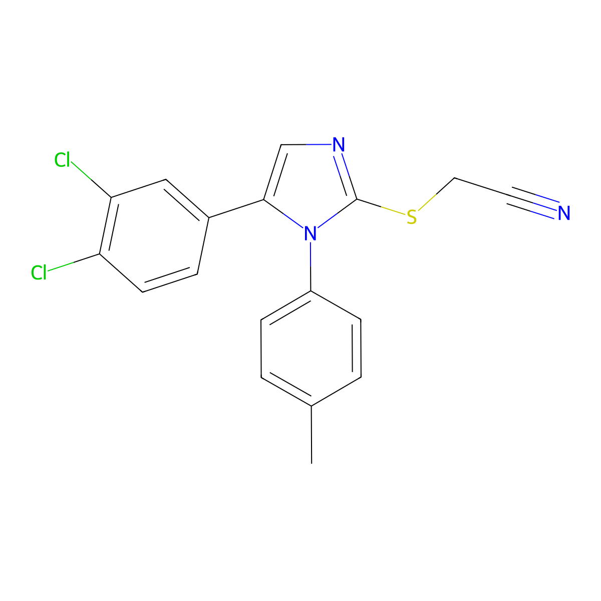 2-((5-(3,4-dichlorophenyl)-1-(p-tolyl)-1H-imidazol-2-yl)thio)acetonitrile molecular structure, CAS 1206990-54-6