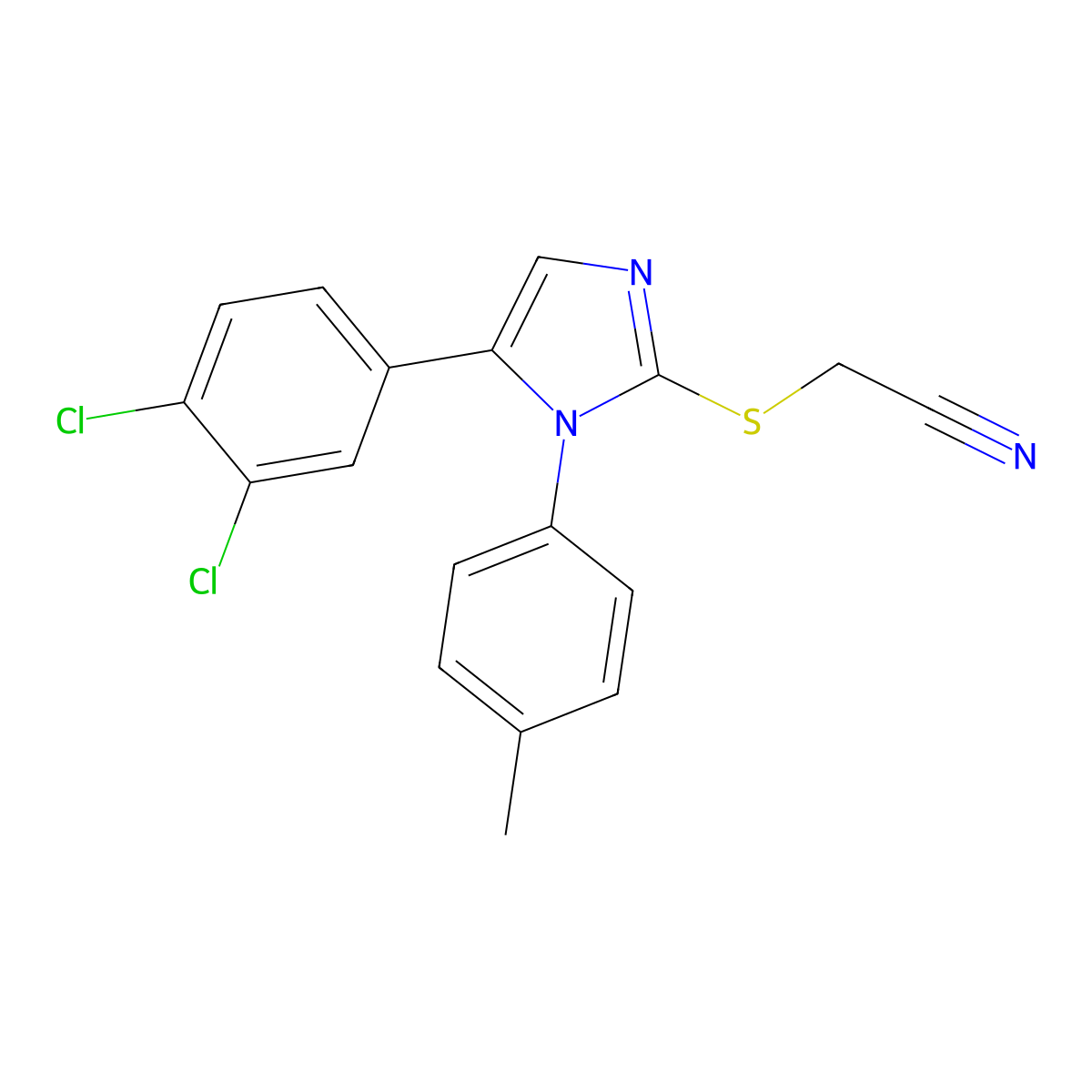 2-((5-(3,4-dichlorophenyl)-1-(p-tolyl)-1H-imidazol-2-yl)thio)acetonitrile molecular structure, CAS 1206990-54-6