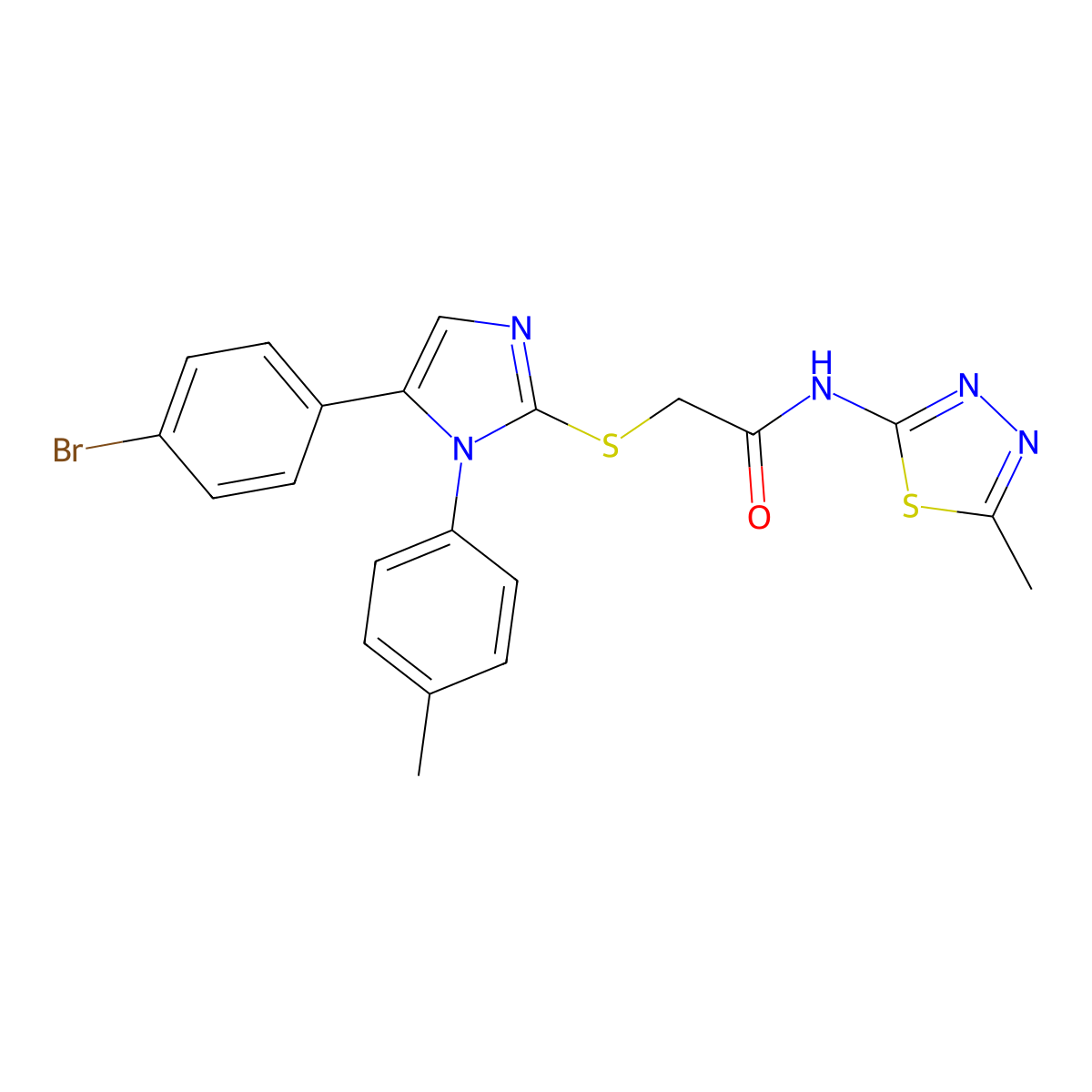 2-((5-(4-bromophenyl)-1-(p-tolyl)-1H-imidazol-2-yl)thio)-N-(5-methyl-1,3,4-thiadiazol-2-yl)acetamide molecular structure, CAS 1206990-62-6