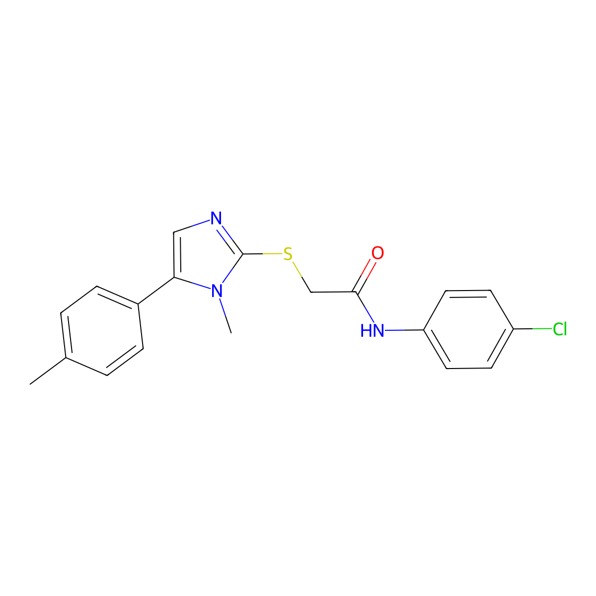 N-(4-chlorophenyl)-2-((1-methyl-5-(p-tolyl)-1H-imidazol-2-yl)thio)acetamide molecular structure, CAS 1206990-78-4