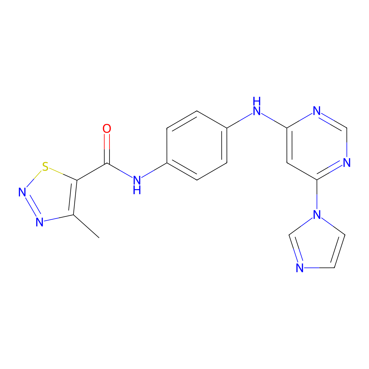 N-(4-((6-(1H-imidazol-1-yl)pyrimidin-4-yl)amino)phenyl)-4-methyl-1,2,3-thiadiazole-5-carboxamide molecular structure, CAS 1206991-00-5