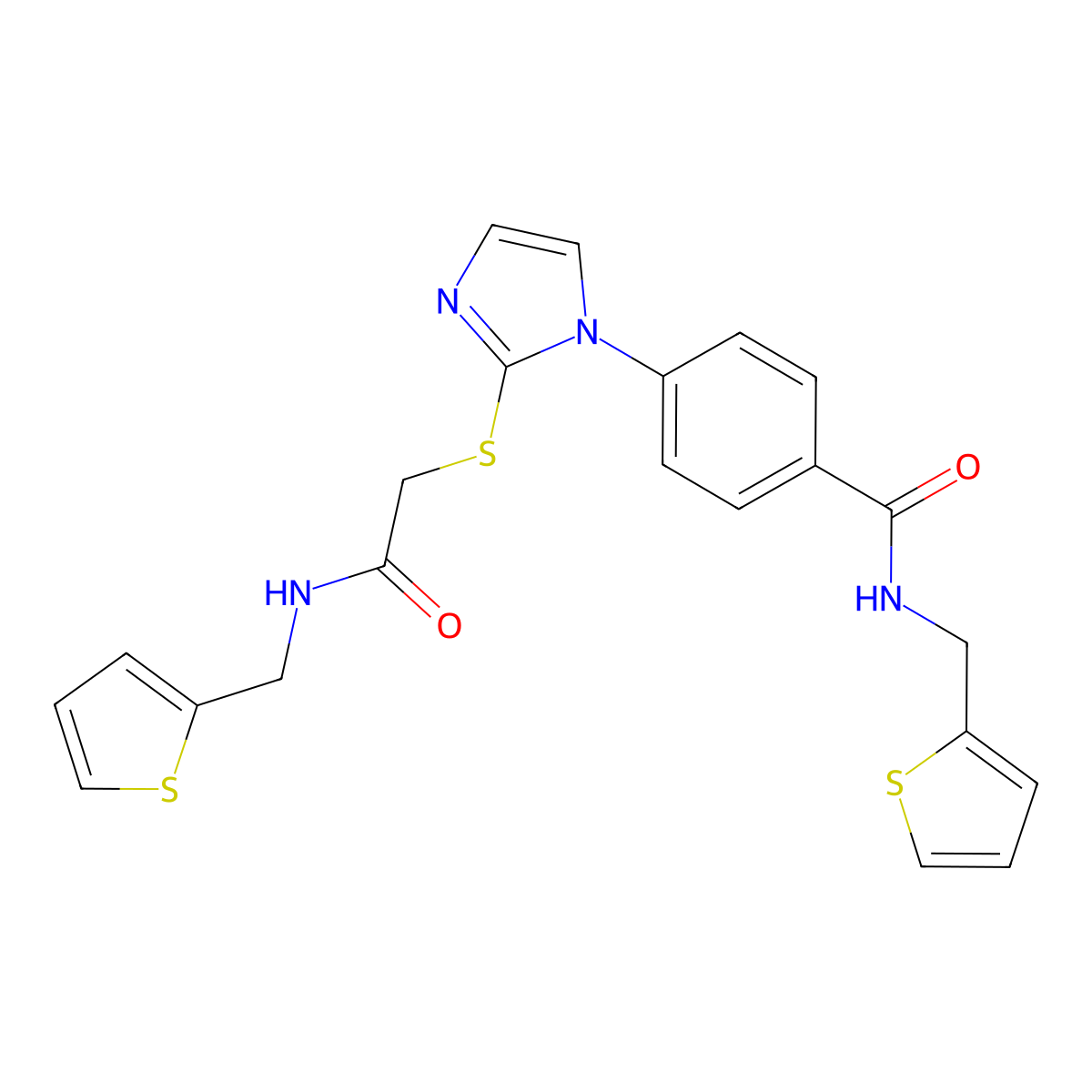 N-[(thiophen-2-yl)methyl]-4-{2-[({[(thiophen-2-yl)methyl]carbamoyl}methyl)sulfanyl]-1H-imidazol-1-yl}benzamide molecular structure, CAS 1206991-01-6