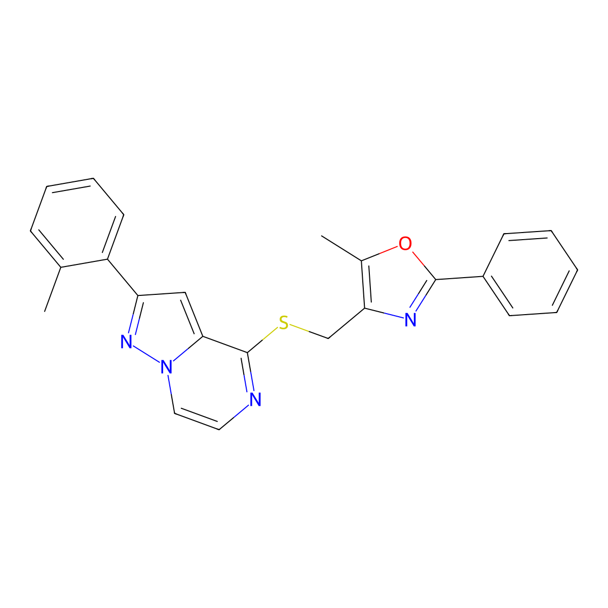 2-(2-Methylphenyl)-4-{[(5-methyl-2-phenyl-1,3-oxazol-4-yl)methyl]sulfanyl}pyrazolo[1,5-a]pyrazine molecular structure, CAS 1206991-06-1