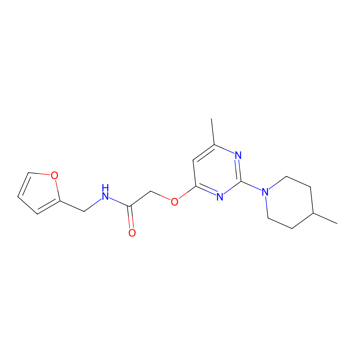 N-(furan-2-ylmethyl)-2-((6-methyl-2-(4-methylpiperidin-1-yl)pyrimidin-4-yl)oxy)acetamide molecular structure, CAS 1206991-59-4