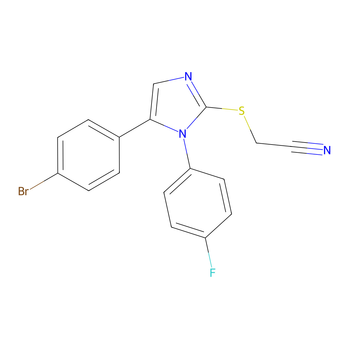 2-((5-(4-bromophenyl)-1-(4-fluorophenyl)-1H-imidazol-2-yl)thio)acetonitrile molecular structure, CAS 1206991-77-6