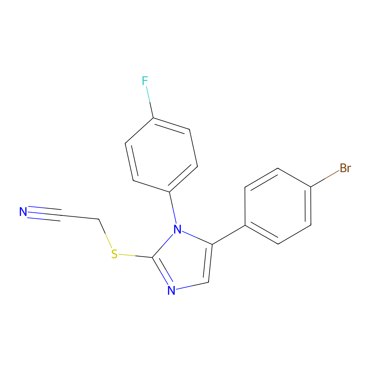2-((5-(4-bromophenyl)-1-(4-fluorophenyl)-1H-imidazol-2-yl)thio)acetonitrile molecular structure, CAS 1206991-77-6
