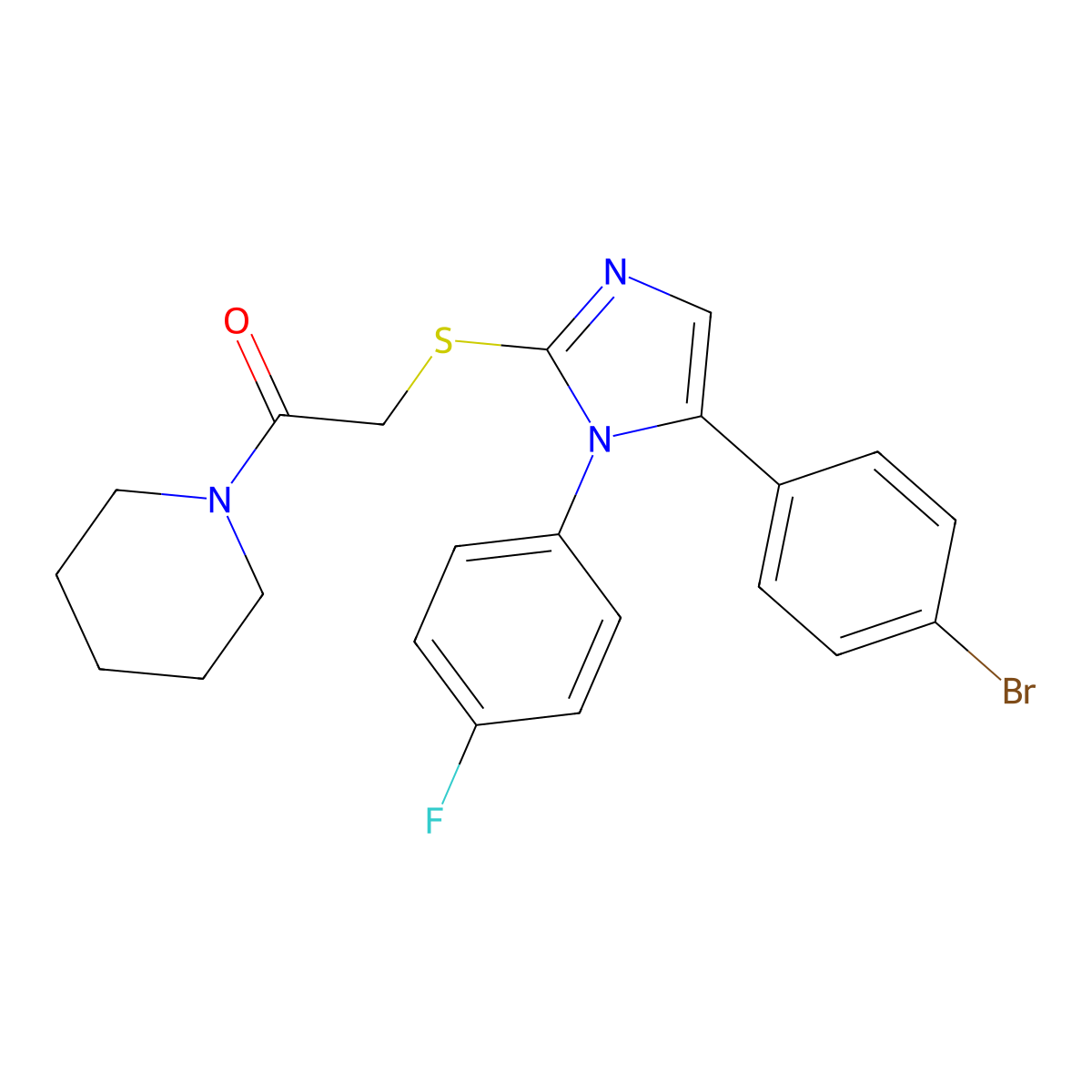 2-((5-(4-bromophenyl)-1-(4-fluorophenyl)-1H-imidazol-2-yl)thio)-1-(piperidin-1-yl)ethanone molecular structure, CAS 1206991-83-4