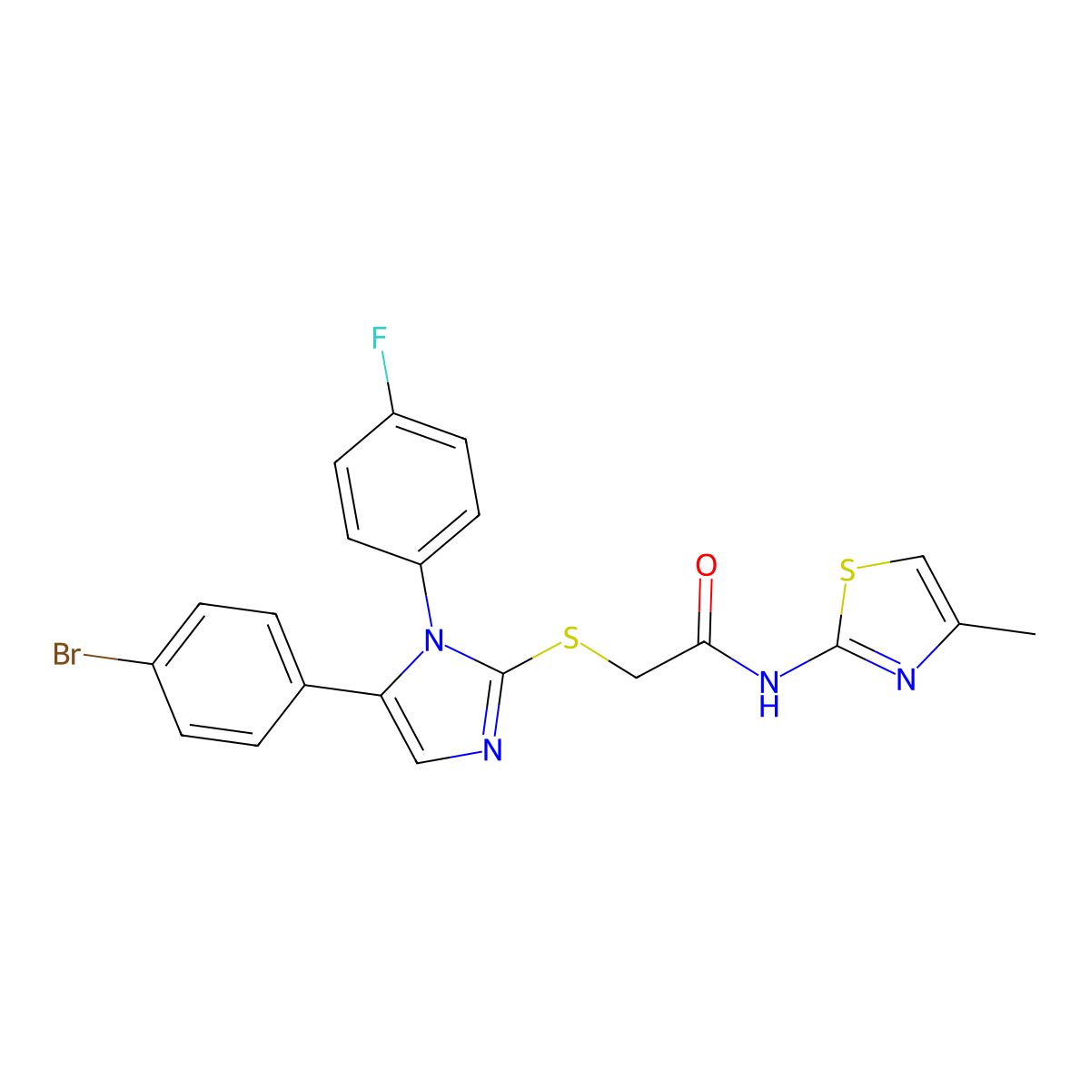 2-((5-(4-bromophenyl)-1-(4-fluorophenyl)-1H-imidazol-2-yl)thio)-N-(4-methylthiazol-2-yl)acetamide molecular structure, CAS 1206991-92-5