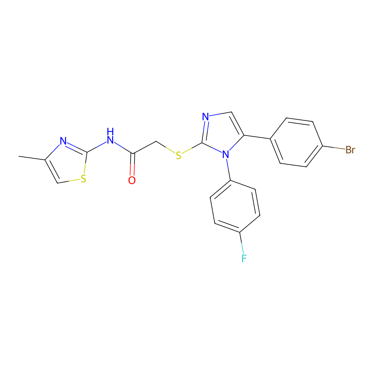 2-((5-(4-bromophenyl)-1-(4-fluorophenyl)-1H-imidazol-2-yl)thio)-N-(4-methylthiazol-2-yl)acetamide molecular structure, CAS 1206991-92-5