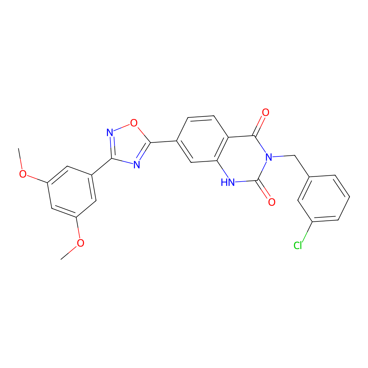 3-(3-chlorobenzyl)-7-(3-(3,5-dimethoxyphenyl)-1,2,4-oxadiazol-5-yl)quinazoline-2,4(1H,3H)-dione molecular structure, CAS 1206992-16-6