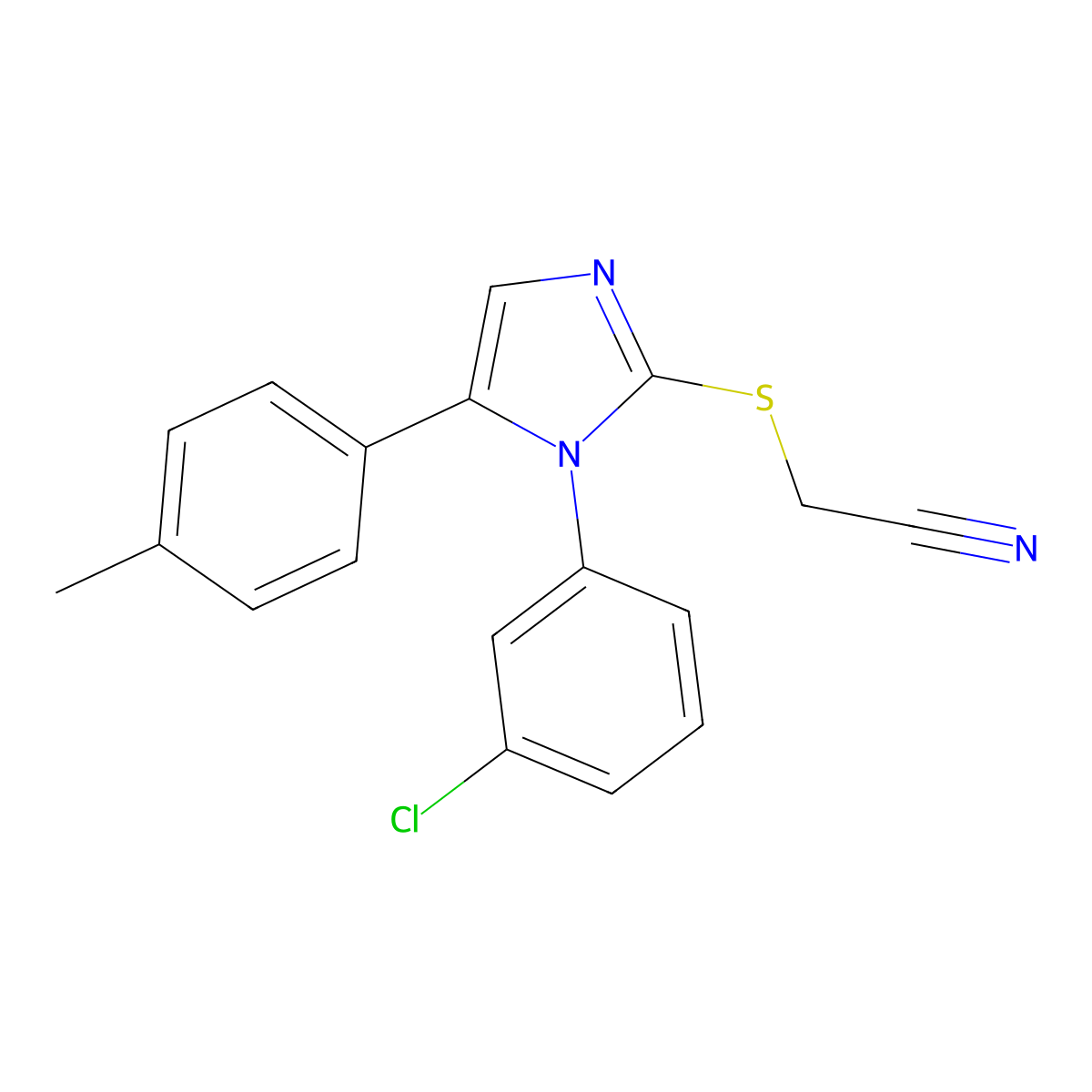 2-((1-(3-chlorophenyl)-5-(p-tolyl)-1H-imidazol-2-yl)thio)acetonitrile molecular structure, CAS 1206992-23-5