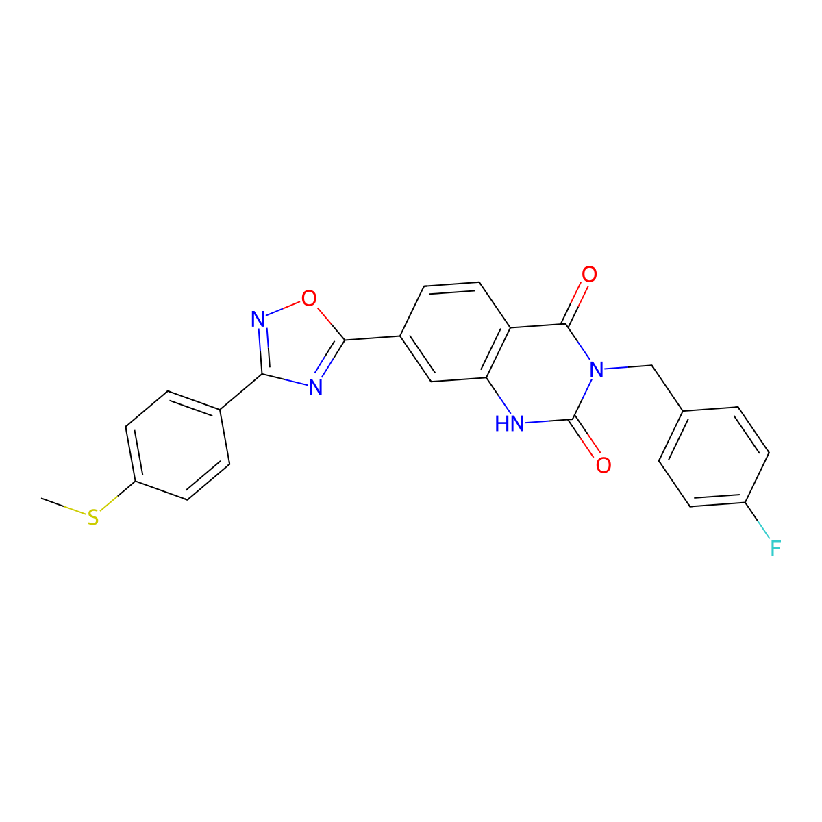 3-(4-fluorobenzyl)-7-(3-(4-(methylthio)phenyl)-1,2,4-oxadiazol-5-yl)quinazoline-2,4(1H,3H)-dione molecular structure, CAS 1206992-28-0