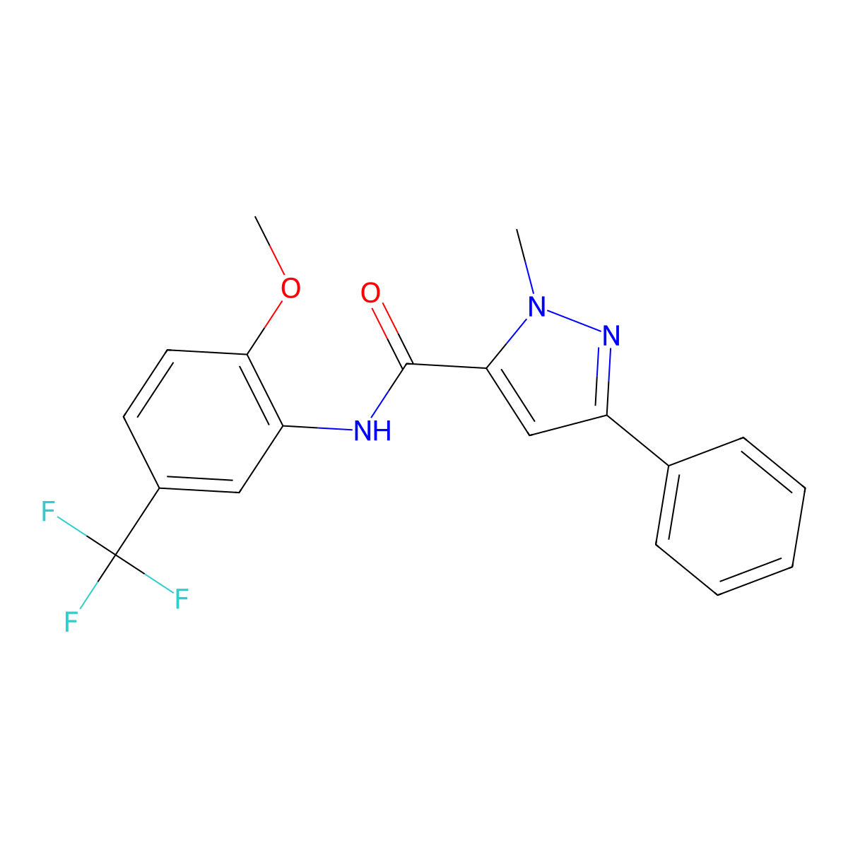 N-(2-methoxy-5-(trifluoromethyl)phenyl)-1-methyl-3-phenyl-1H-pyrazole-5-carboxamide molecular structure, CAS 1206992-31-5