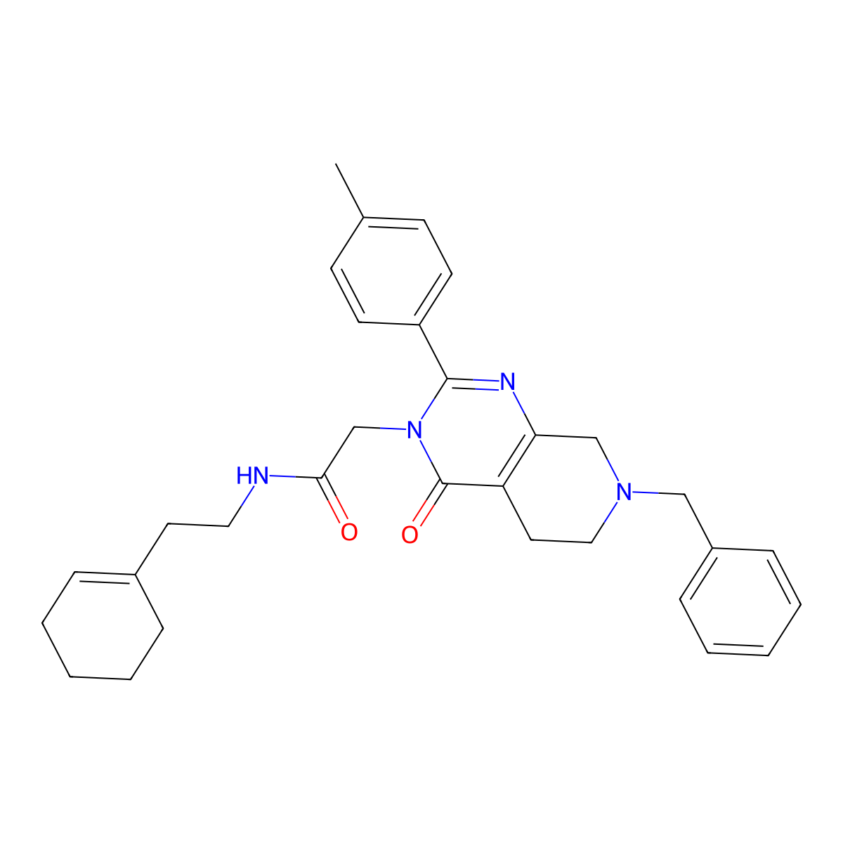 2-(7-benzyl-4-oxo-2-(p-tolyl)-5,6,7,8-tetrahydropyrido[3,4-d]pyrimidin-3(4H)-yl)-N-(2-(cyclohex-1-en-1-yl)ethyl)acetamide molecular structure, CAS 1206992-32-6