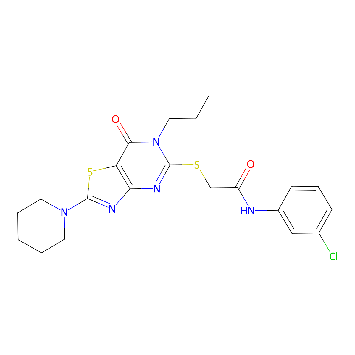N~1~-(3-chlorophenyl)-2-[(7-oxo-2-piperidino-6-propyl-6,7-dihydro[1,3]thiazolo[4,5-d]pyrimidin-5-yl)sulfanyl]acetamide molecular structure, CAS 1206992-51-9