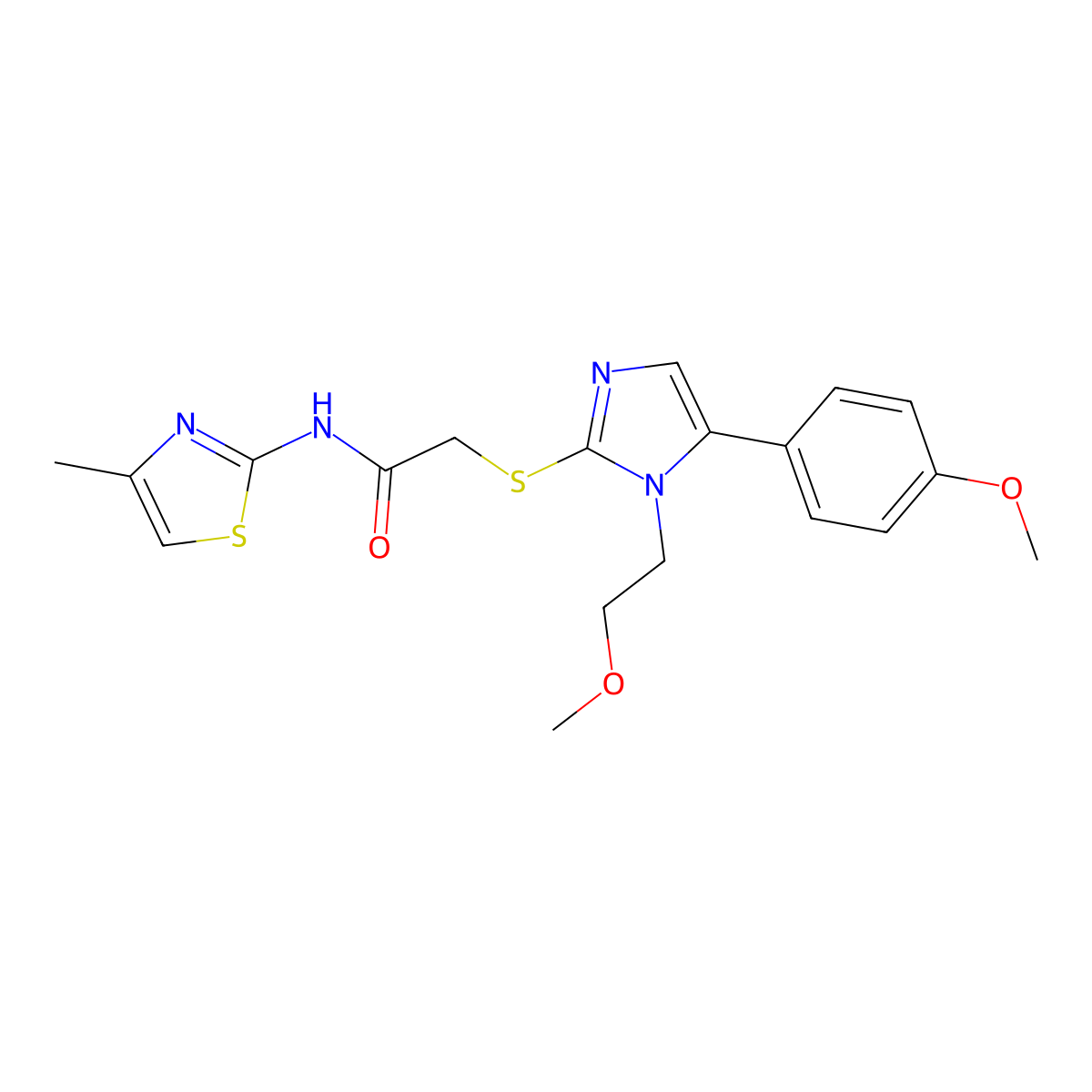 2-((1-(2-methoxyethyl)-5-(4-methoxyphenyl)-1H-imidazol-2-yl)thio)-N-(4-methylthiazol-2-yl)acetamide molecular structure, CAS 1206992-68-8