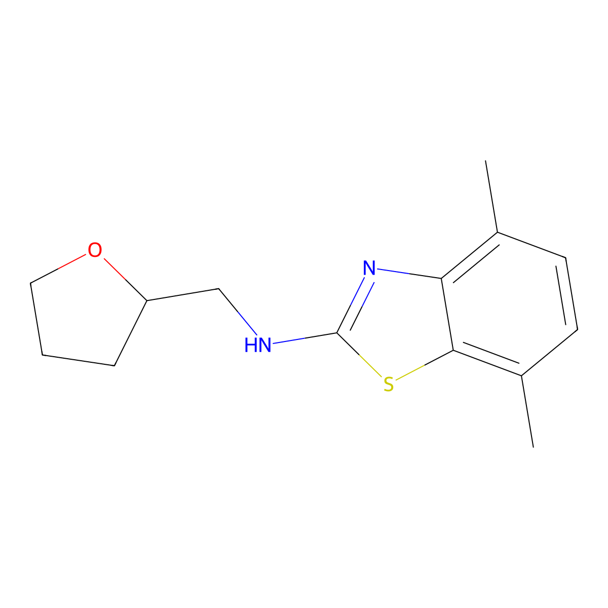 4,7-dimethyl-N-(tetrahydrofuran-2-ylmethyl)-1,3-benzothiazol-2-amine molecular structure, CAS 1206992-69-9