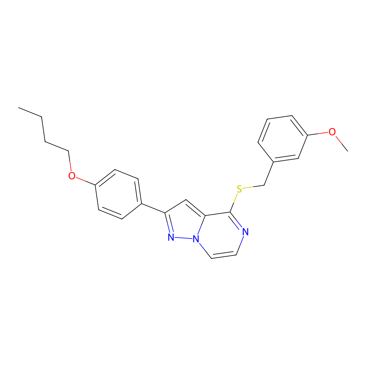 2-(4-Butoxyphenyl)-4-[(3-methoxybenzyl)thio]pyrazolo[1,5-a]pyrazine molecular structure, CAS 1206992-84-8