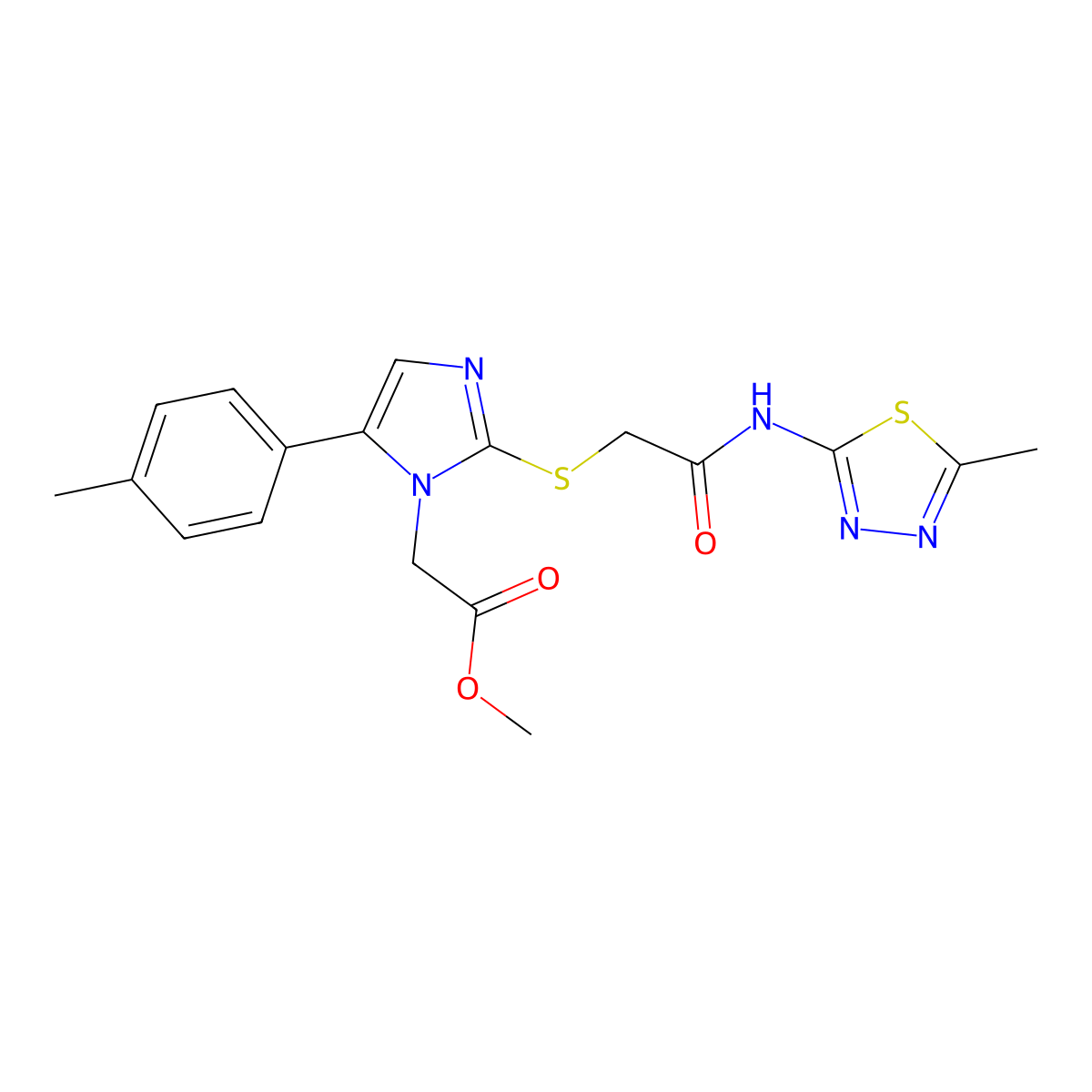 methyl 2-(2-((2-((5-methyl-1,3,4-thiadiazol-2-yl)amino)-2-oxoethyl)thio)-5-(p-tolyl)-1H-imidazol-1-yl)acetate molecular structure, CAS 1206993-03-4