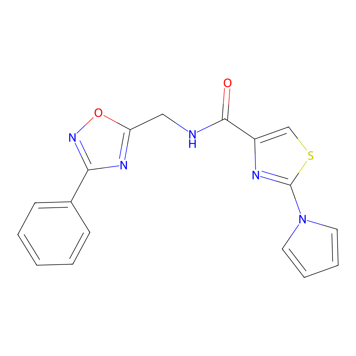 N-((3-phenyl-1,2,4-oxadiazol-5-yl)methyl)-2-(1H-pyrrol-1-yl)thiazole-4-carboxamide molecular structure, CAS 1206993-30-7