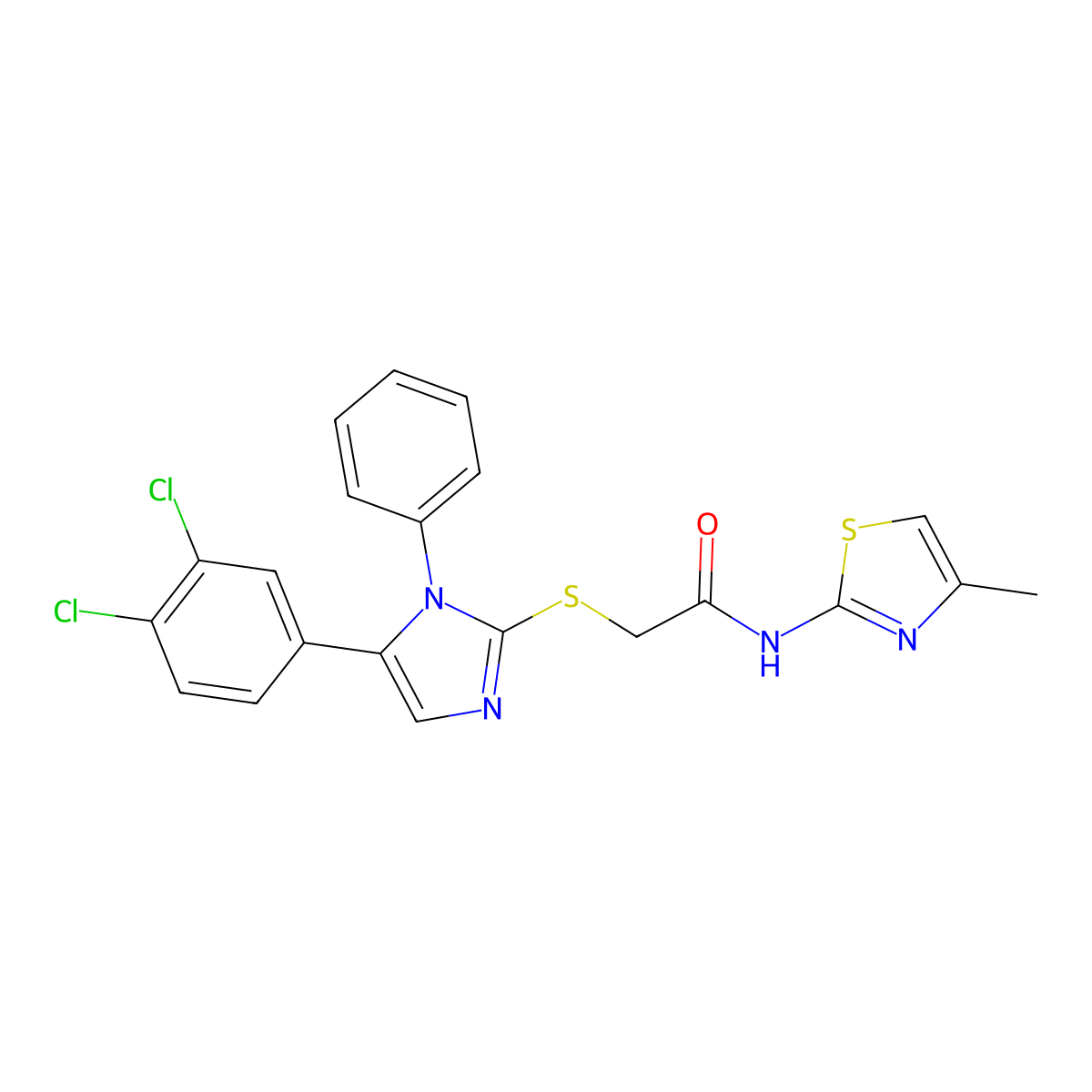 2-((5-(3,4-dichlorophenyl)-1-phenyl-1H-imidazol-2-yl)thio)-N-(4-methylthiazol-2-yl)acetamide molecular structure, CAS 1206993-52-3