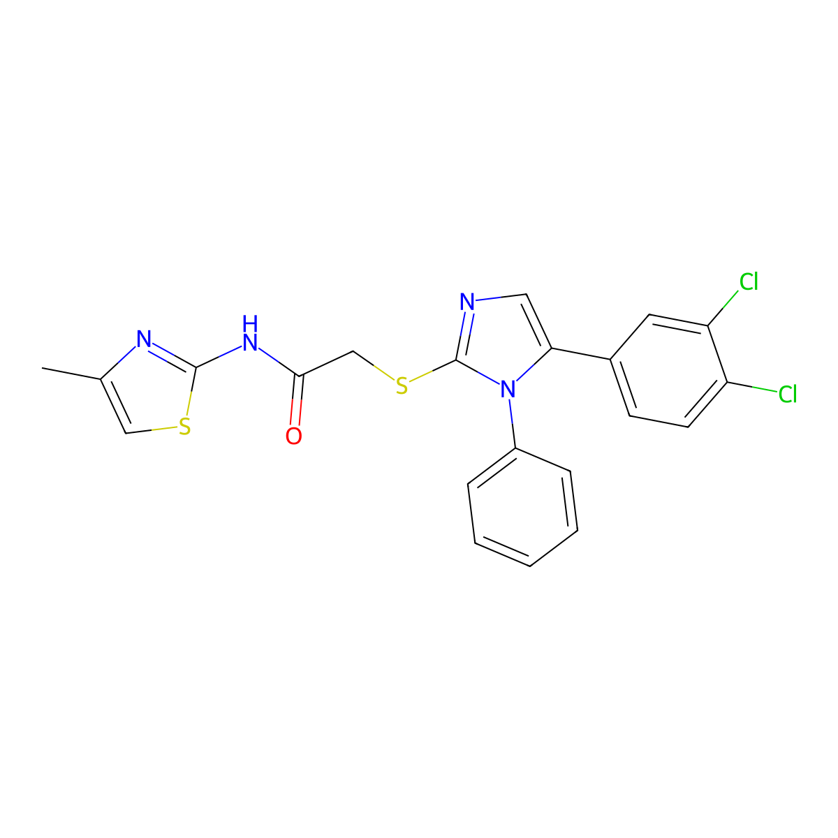 2-((5-(3,4-dichlorophenyl)-1-phenyl-1H-imidazol-2-yl)thio)-N-(4-methylthiazol-2-yl)acetamide molecular structure, CAS 1206993-52-3